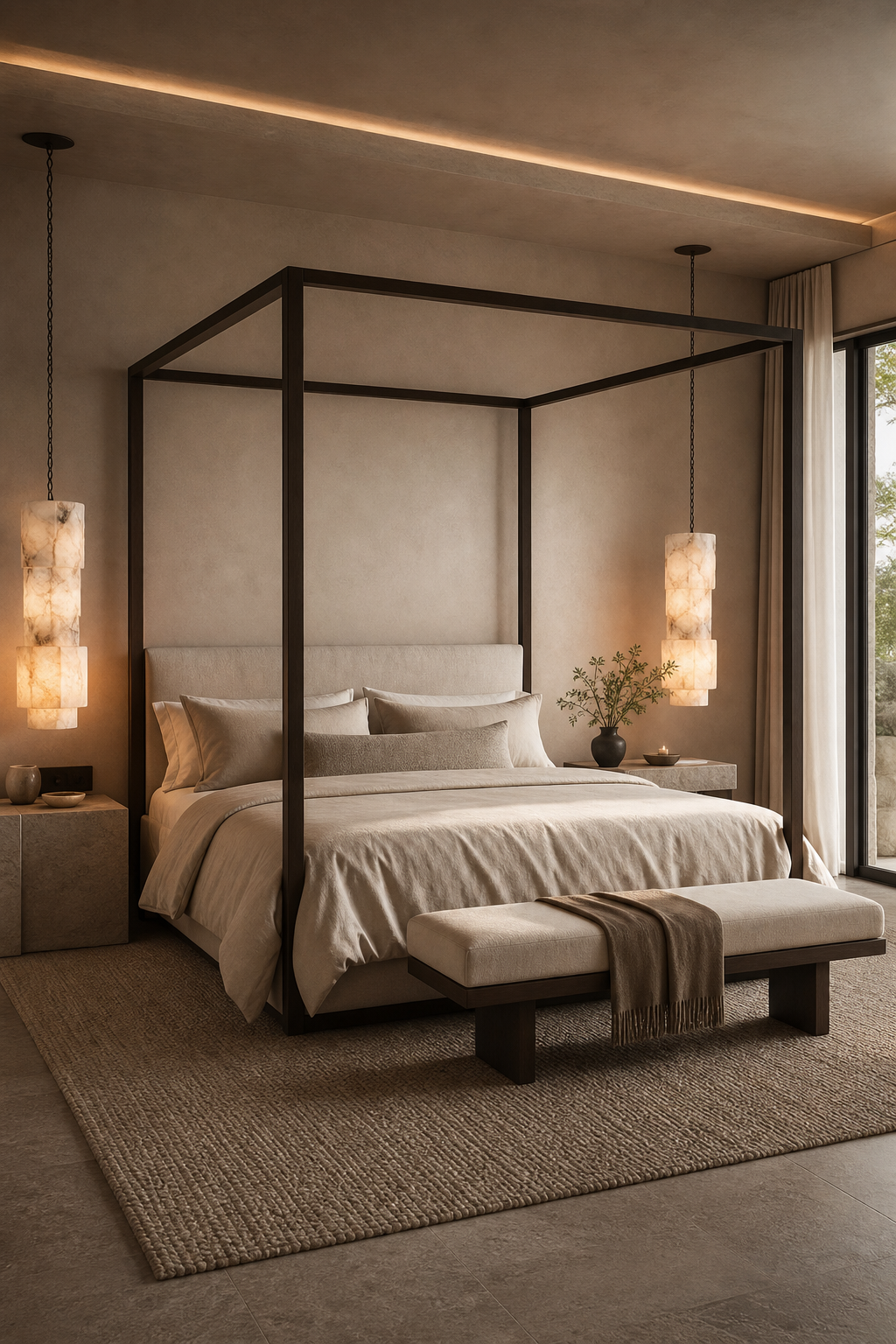 Canopy bed styled with sculptural pendant lighting