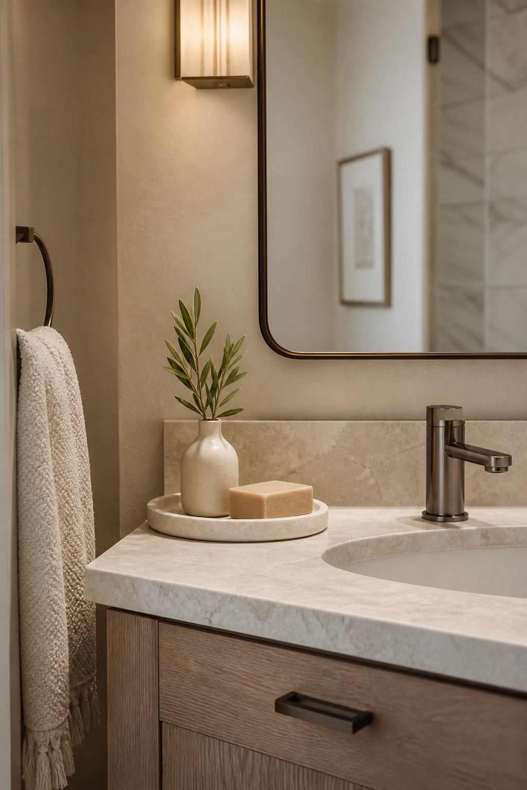 Small bathroom interior idea with keep counter styling to a tight tray
