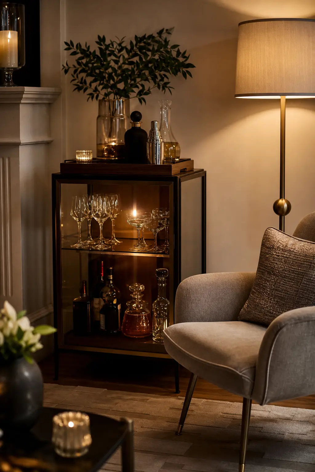 Add drinks cart or cabinet in a cozy designer conversation room