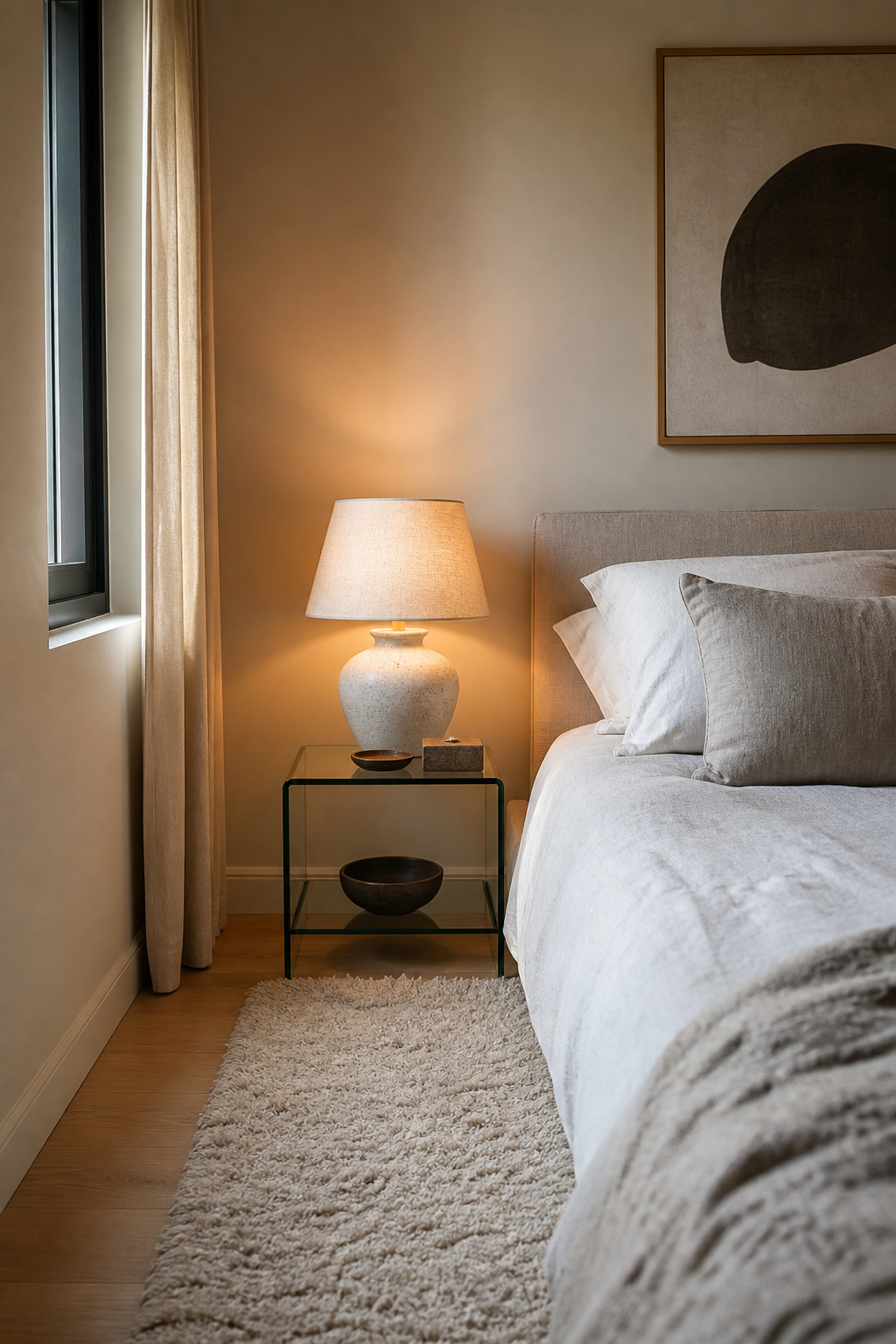 Small bedroom with one glass bedside table reducing visual weight