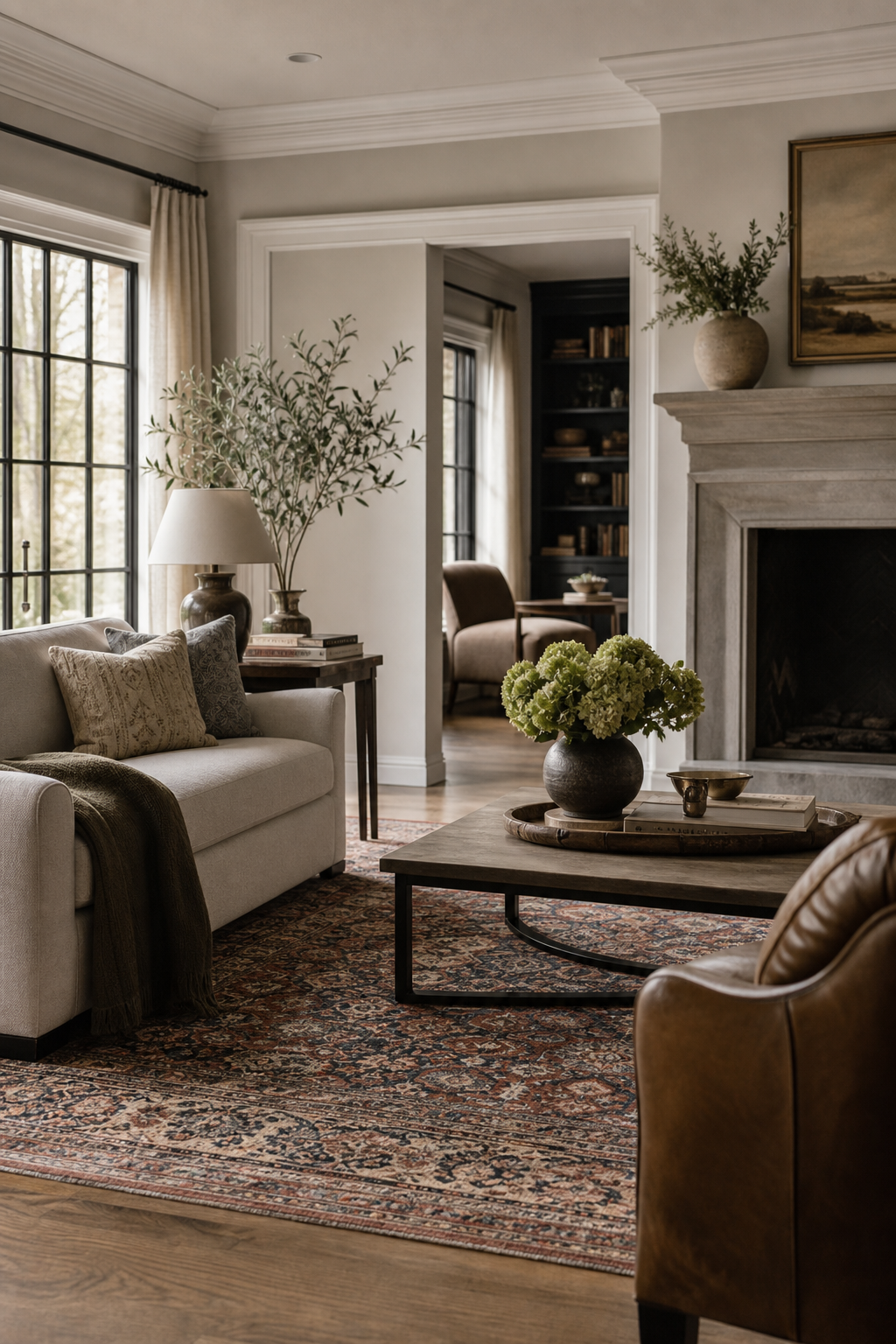 Add Pattern With A Vintage Rug in a cozy designer living room