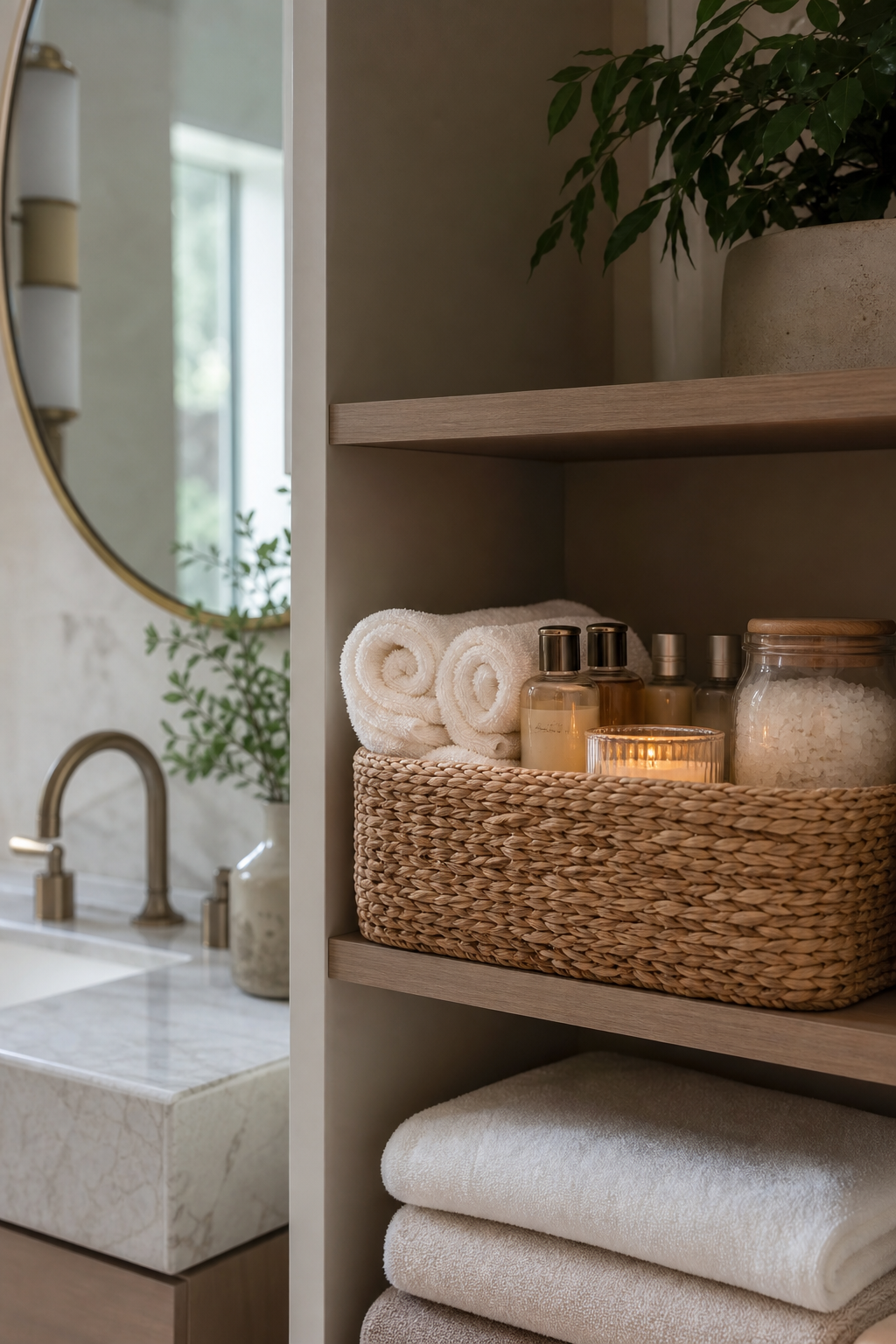 Include guest-friendly amenities basket in a spa-like guest bathroom