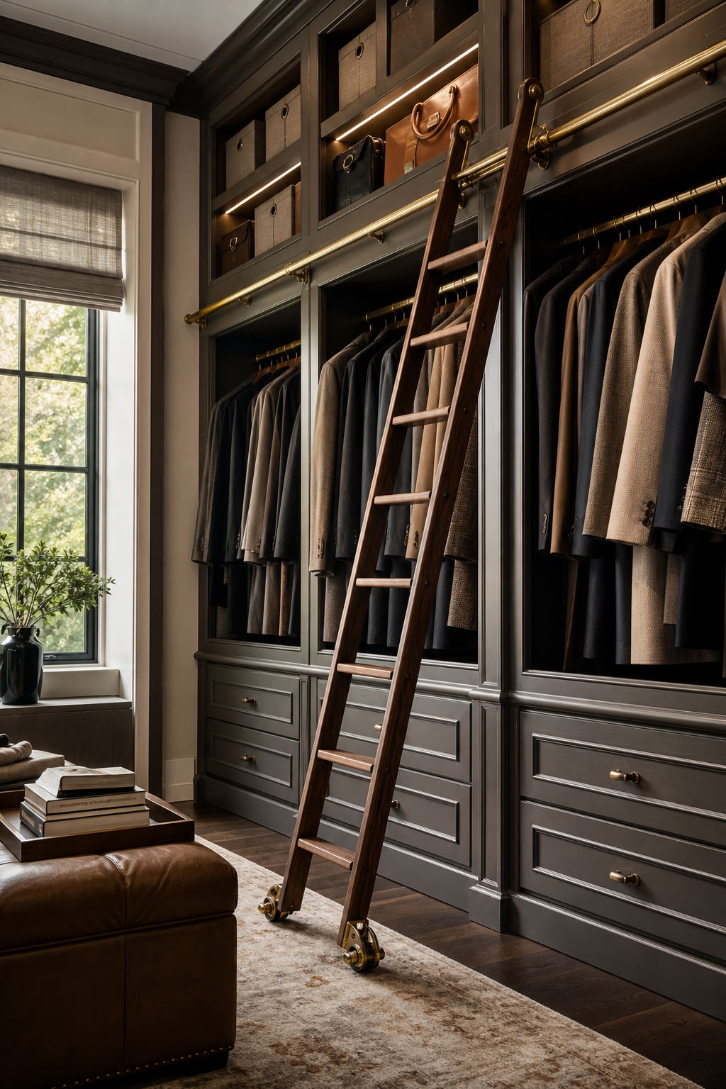 Tall walk-in closet with floor-to-ceiling cabinetry, brass library ladder, and upper storage shelves