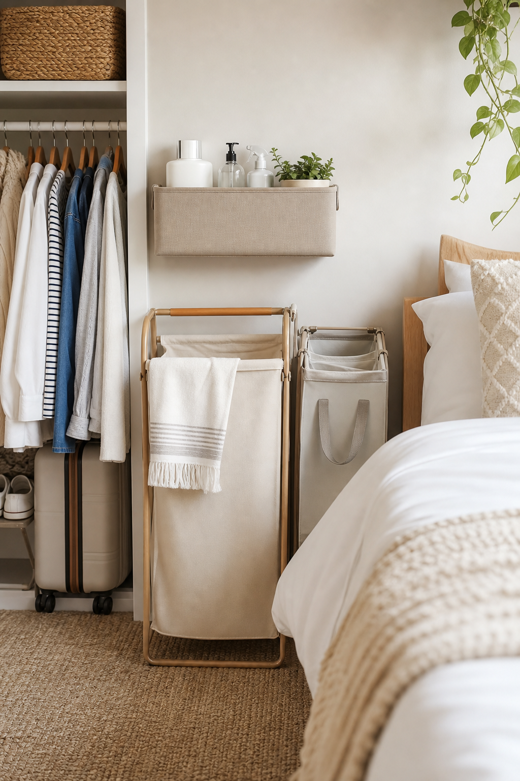 Dorm laundry system with structured hamper, divided bag, and supply bin