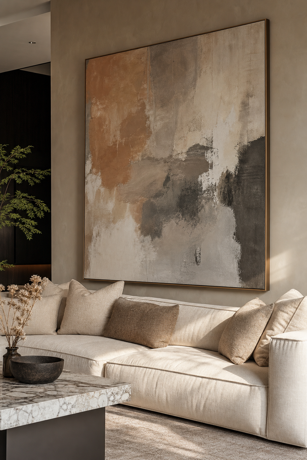Oversized abstract canvas above sofa