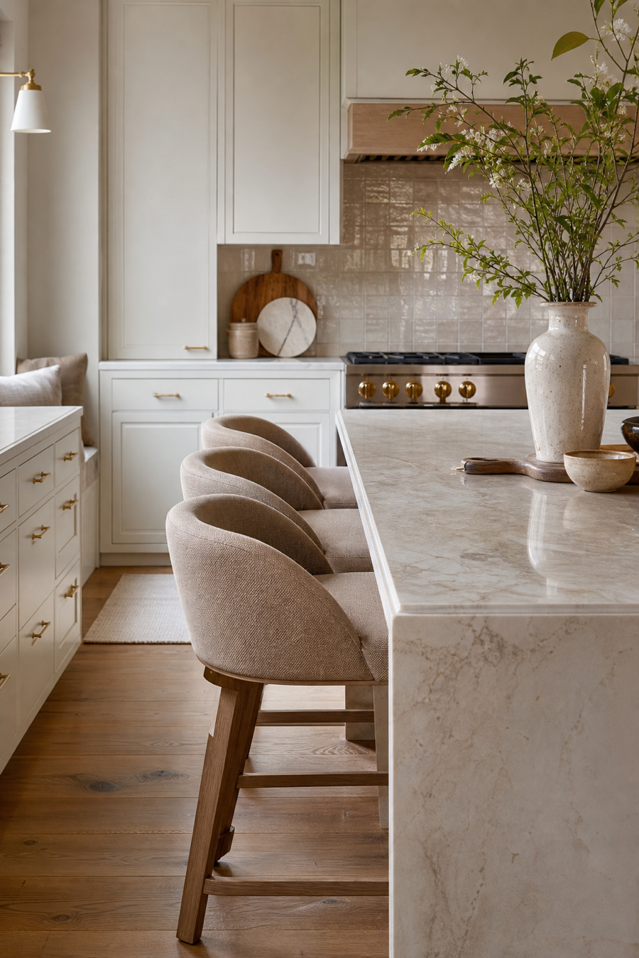 Layered warm neutral kitchen with cream taupe oak and stone tones