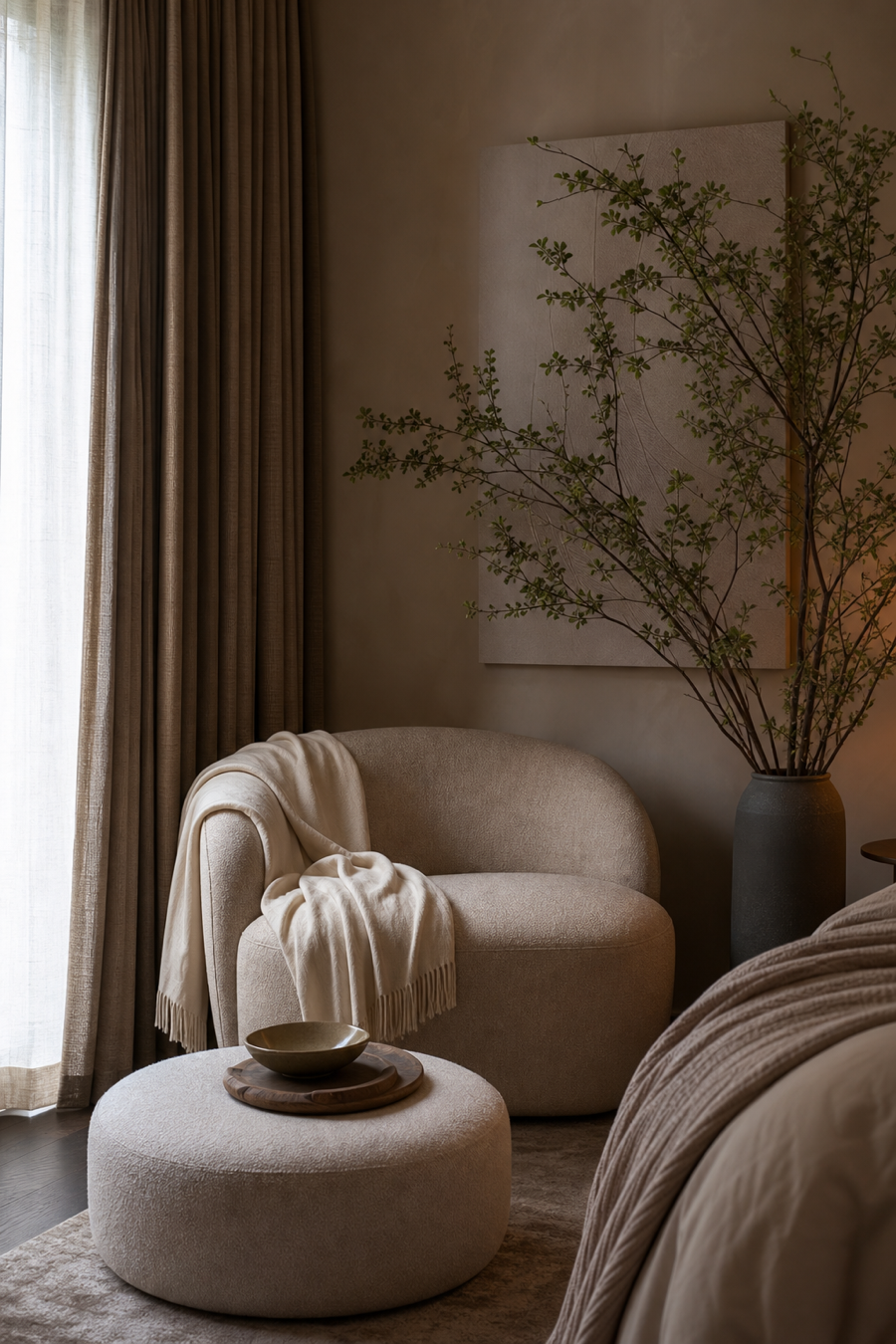 Curved chair and soft textiles relaxing a hard room corner