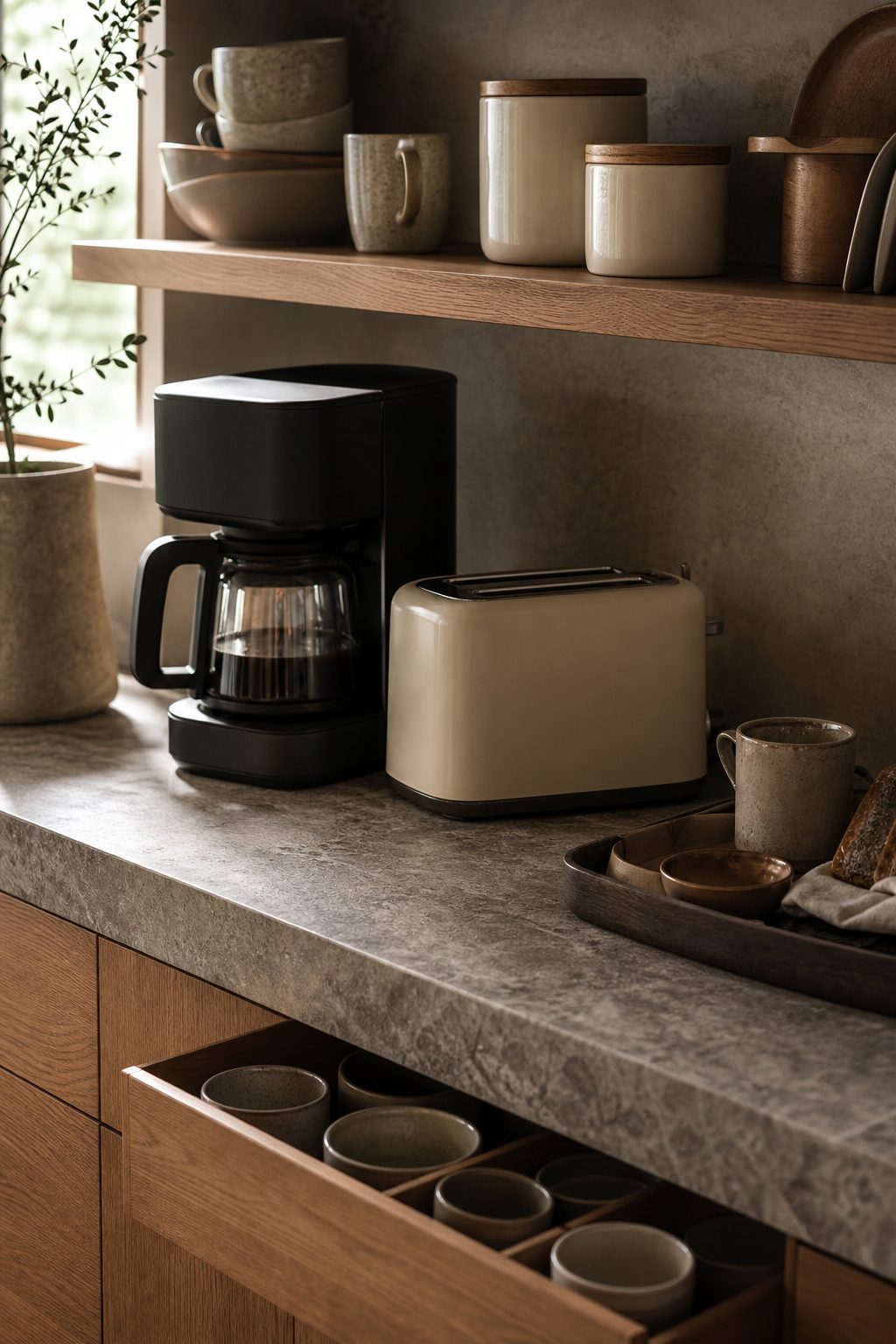 Simple warm kitchen breakfast and coffee zone with mugs, tray, toaster, and wood shelf
