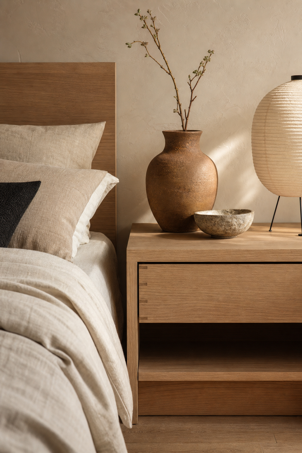 Japandi bedroom with choose Clay and Stone Ceramics