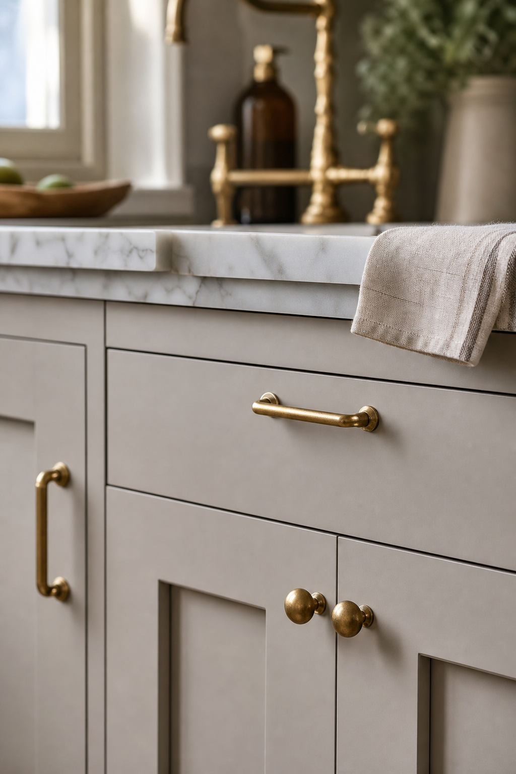 Close view of very small kitchen with pale putty cabinets and fine unlacquered brass hardware