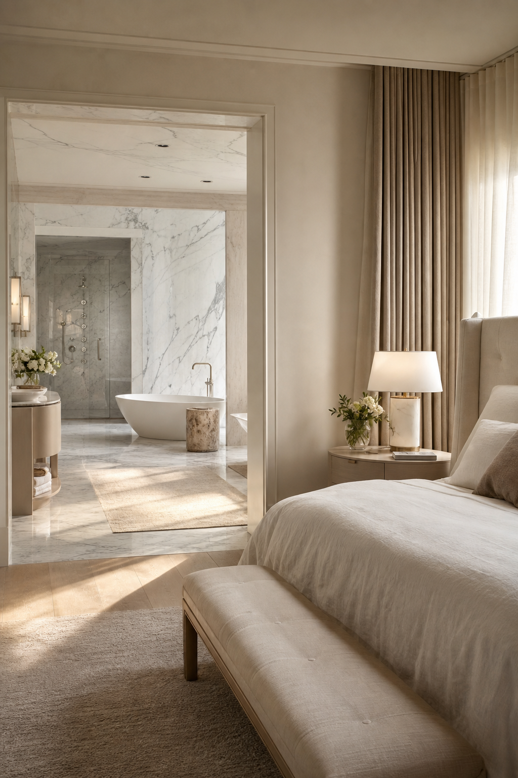 Luxury bedroom connected to a spa like marble ensuite bathroom