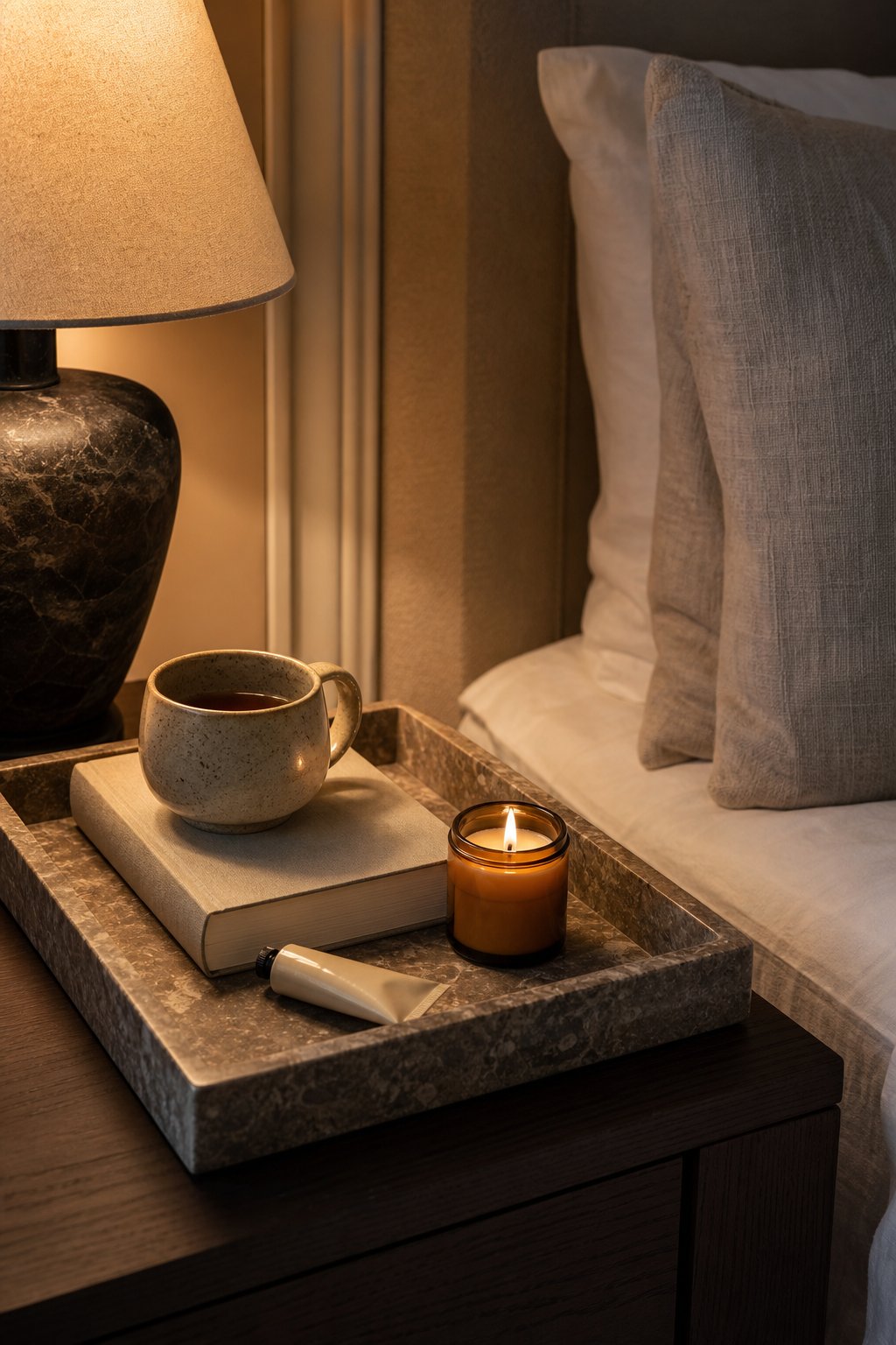 Thoughtful tray organizing everyday objects on a bedroom nightstand