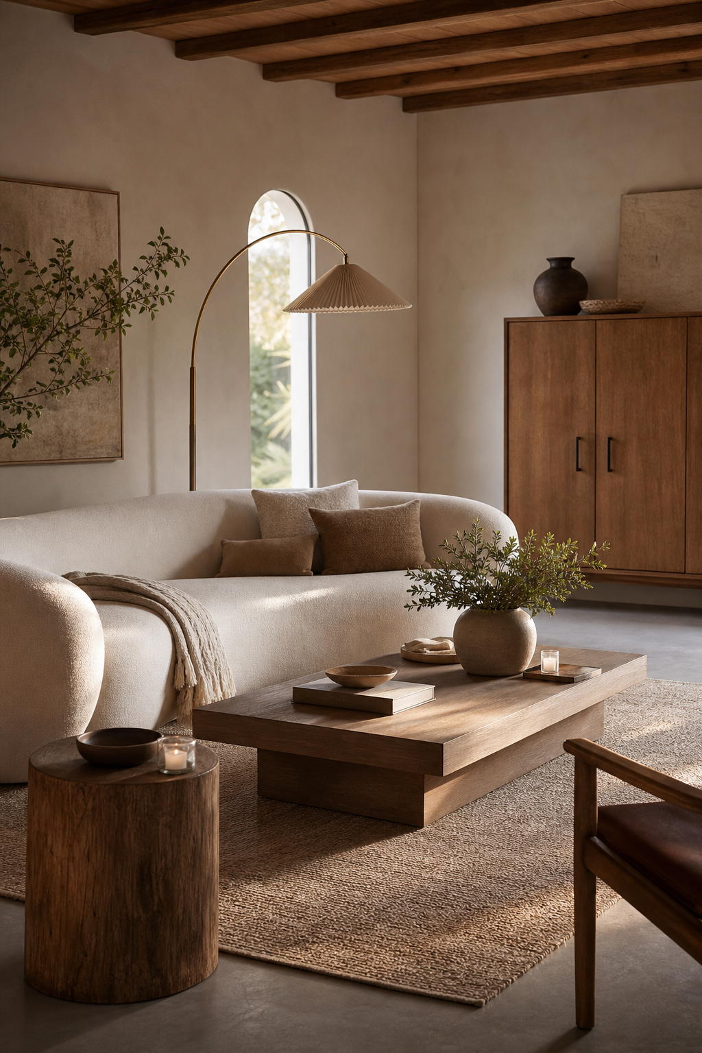 Curved sofa balanced with straight-lined furniture in a designer boho living room