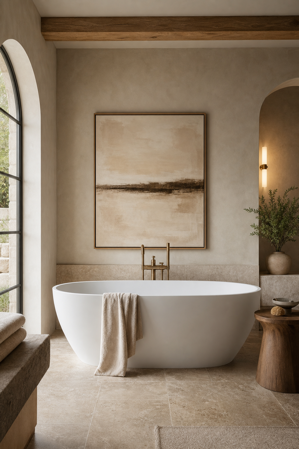 Freestanding tub framed with tasteful bathroom art