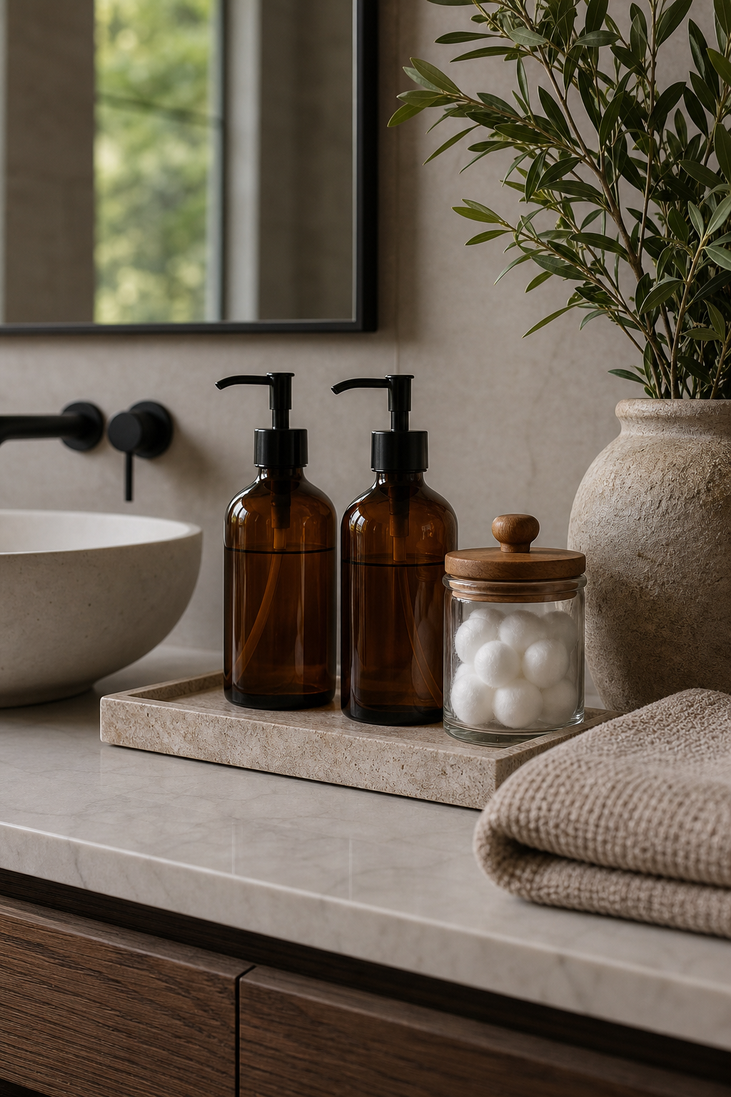 upgrade everyday bottles in a cozy spa-like bathroom