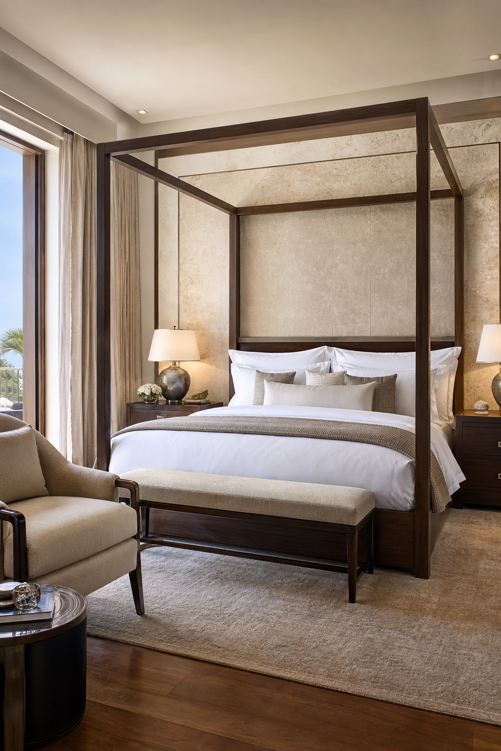 Hotel-inspired canopy bed suite with tailored bedding and luxury furnishings