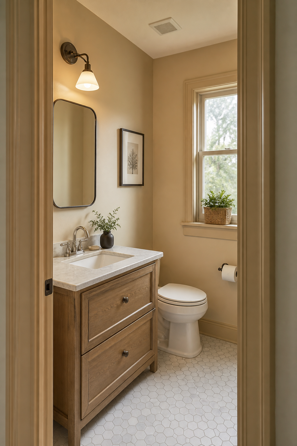 Small bathroom interior idea with use continuous paint on trim and door