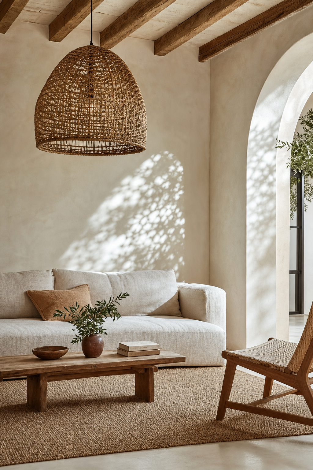 add a natural fiber shade in a cozy minimalist living room