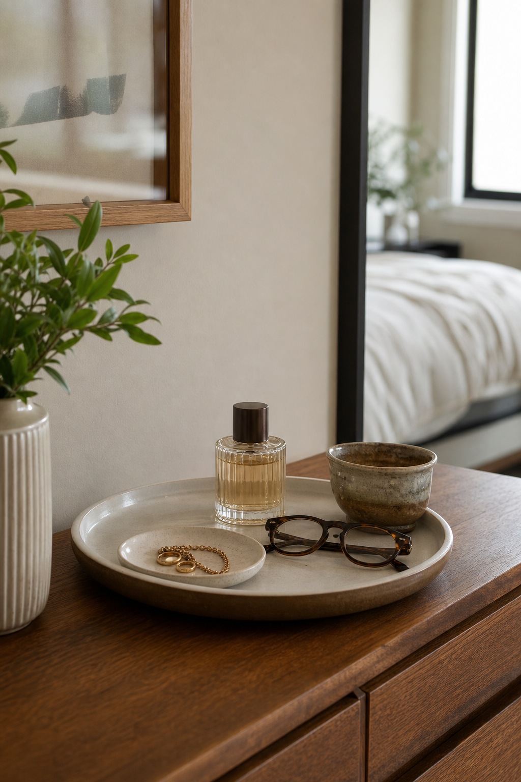Small bedroom dresser tray creating an organized landing zone