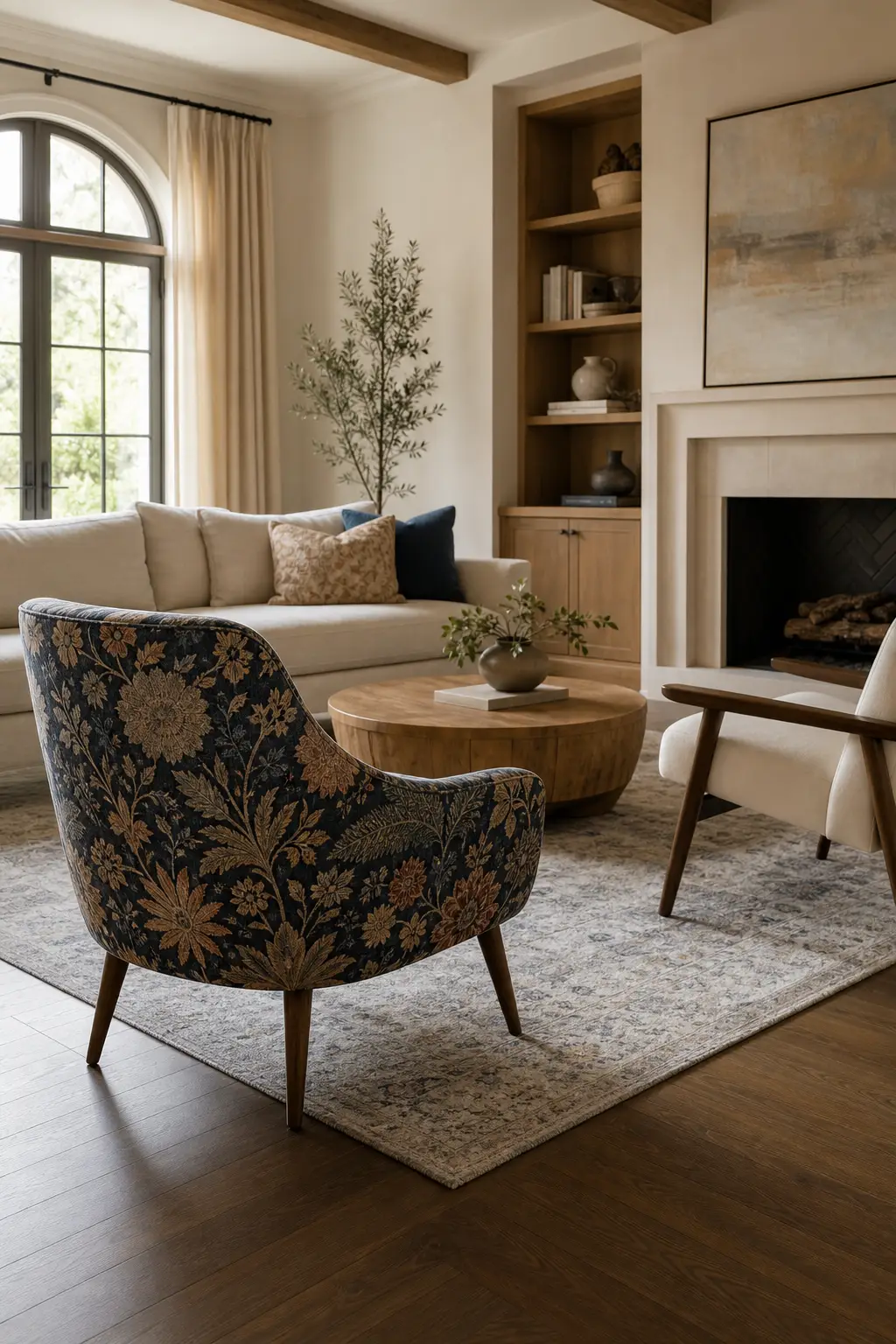 Use one bold chair as the personality piece in a cozy designer conversation room