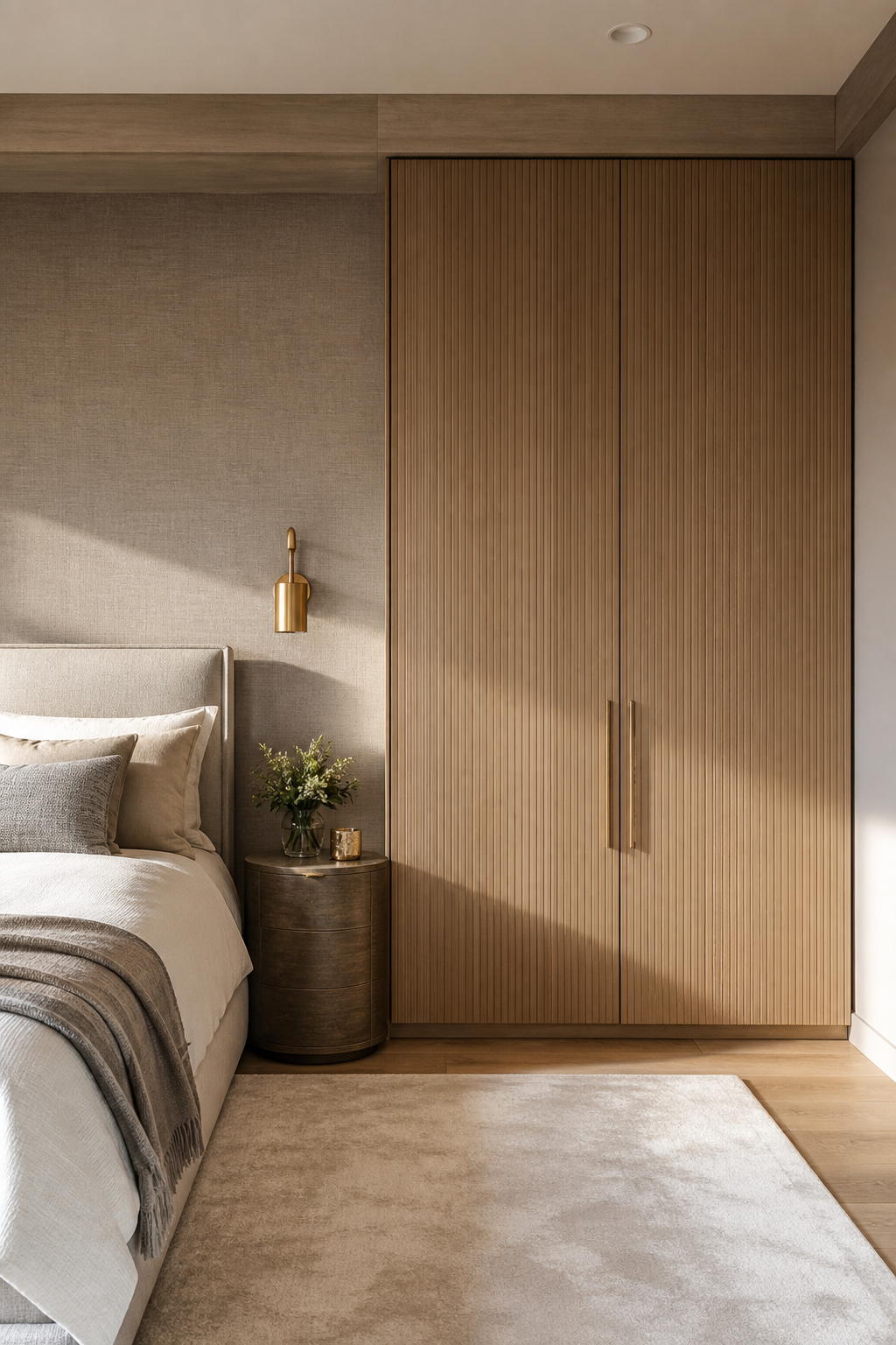 Elegant bedroom with fluted oak closet doors, slim brass pulls, and refined neutral styling