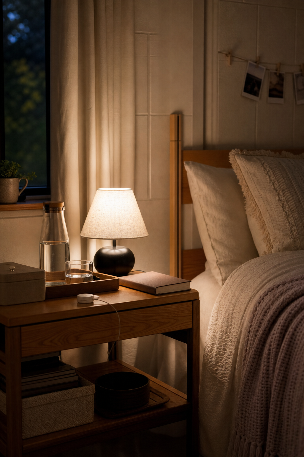 Dorm nightstand with lamp, water, tray, lidded box, and cream bedding