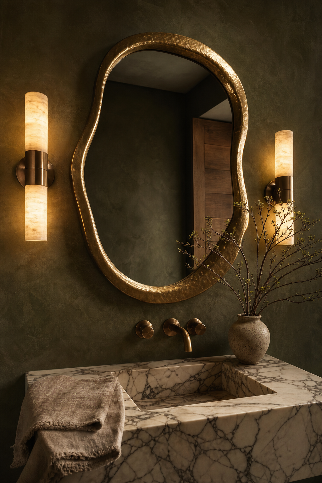 Make A Powder Room Mirror Dramatic in a bright elevated room