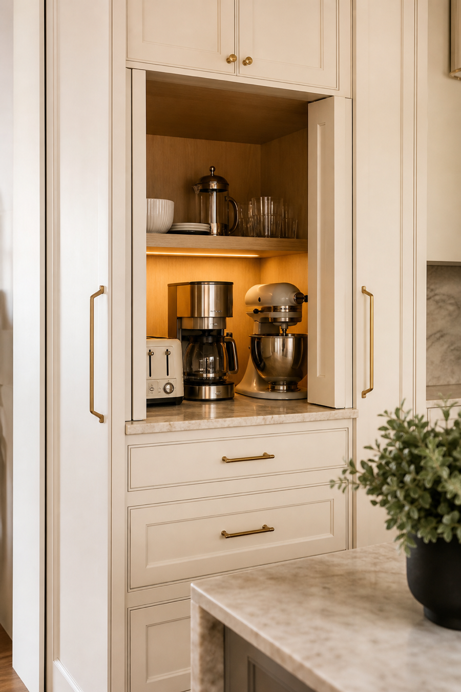 Warm neutral kitchen appliance garage with pocket doors