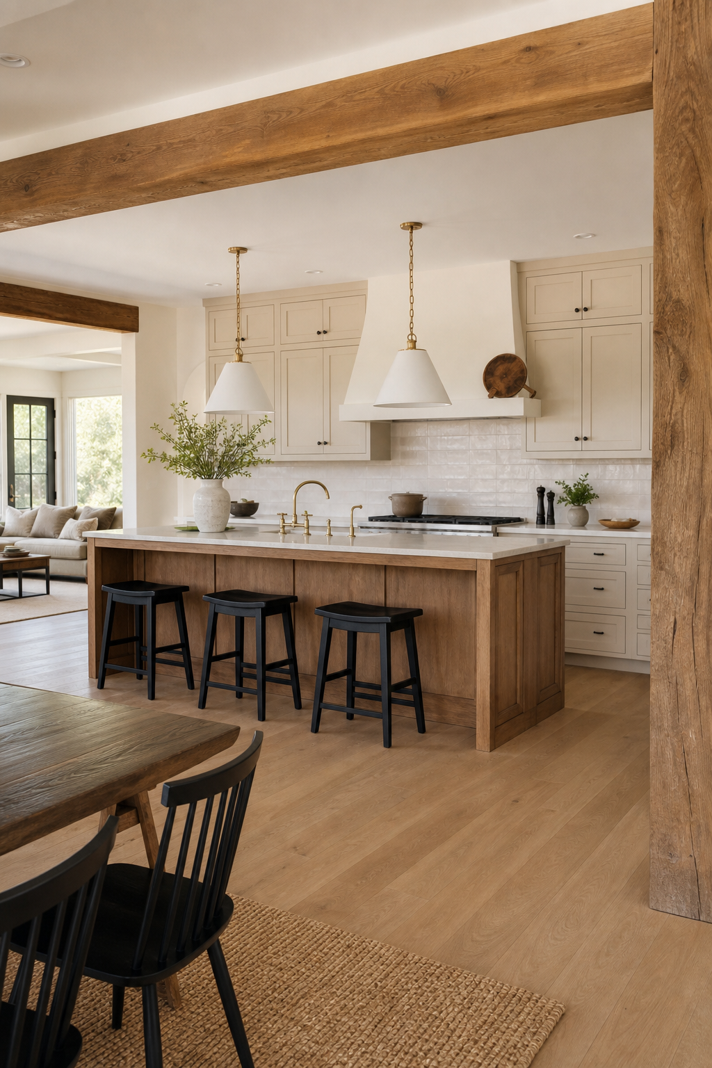 Simple open kitchen defined by wood island, ceiling beam, pendant lights, and adjacent dining area