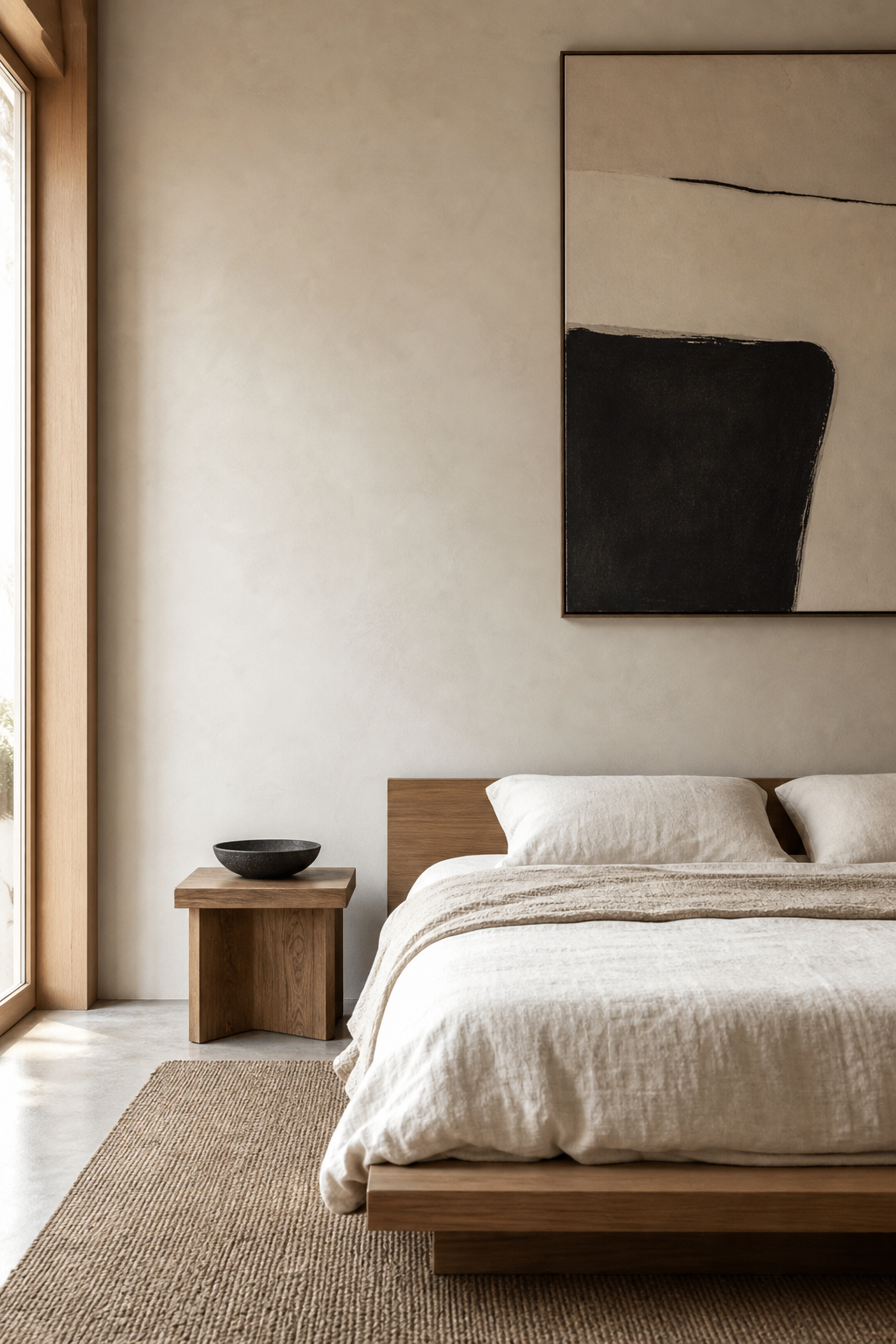 Japandi bedroom with leave Negative Space Around Art