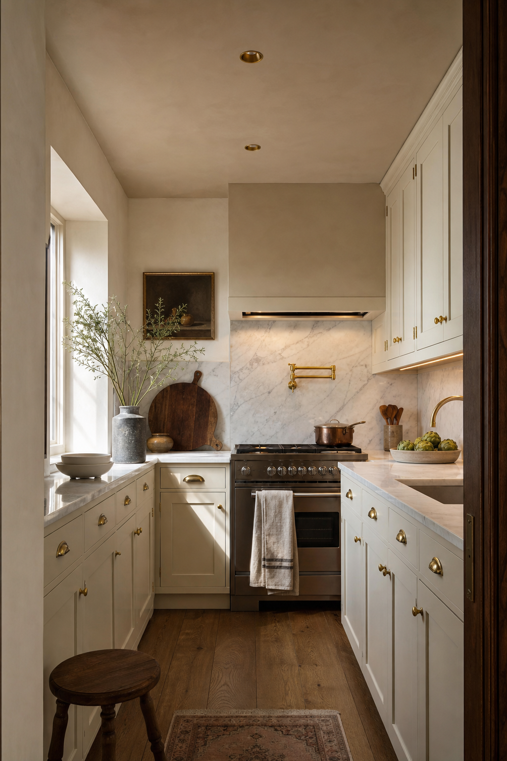 Very small kitchen with pale clay painted ceiling, cream cabinets, marble backsplash, and brass fixtures