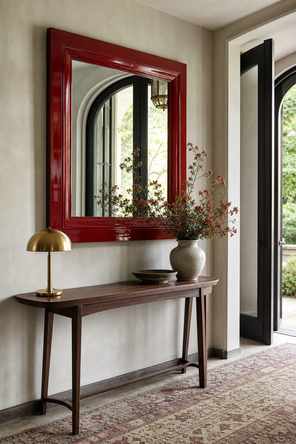 Chic entryway with lacquered red mirror, walnut console, brass lamp, and patterned runner