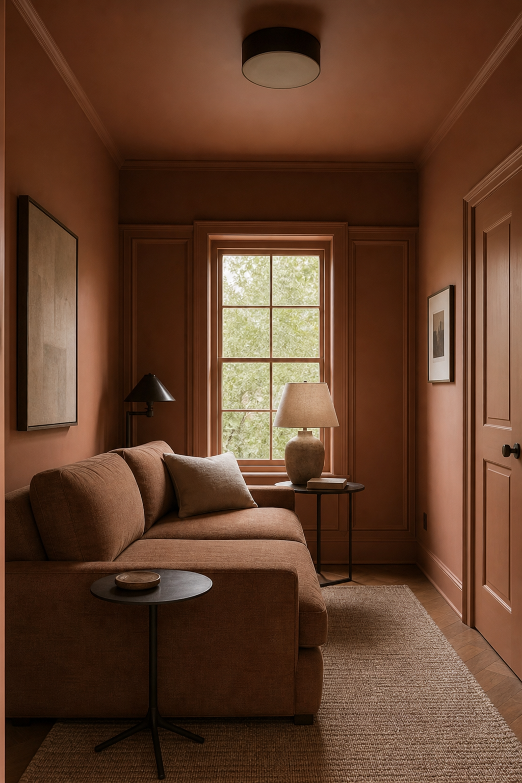 Compact clay-colored den with color-drenched walls, trim, and ceiling
