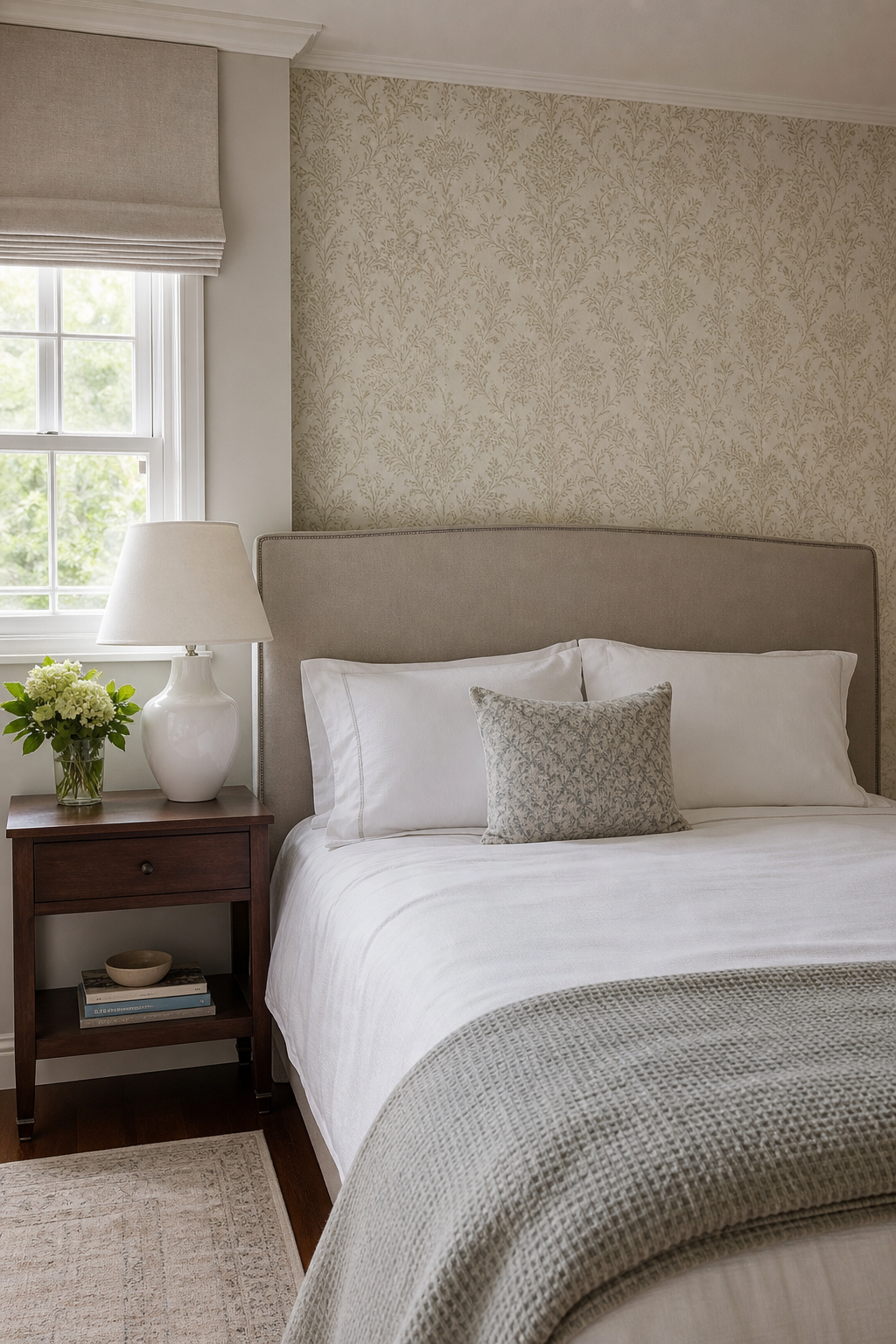Small bedroom with one subtle patterned wall behind the bed