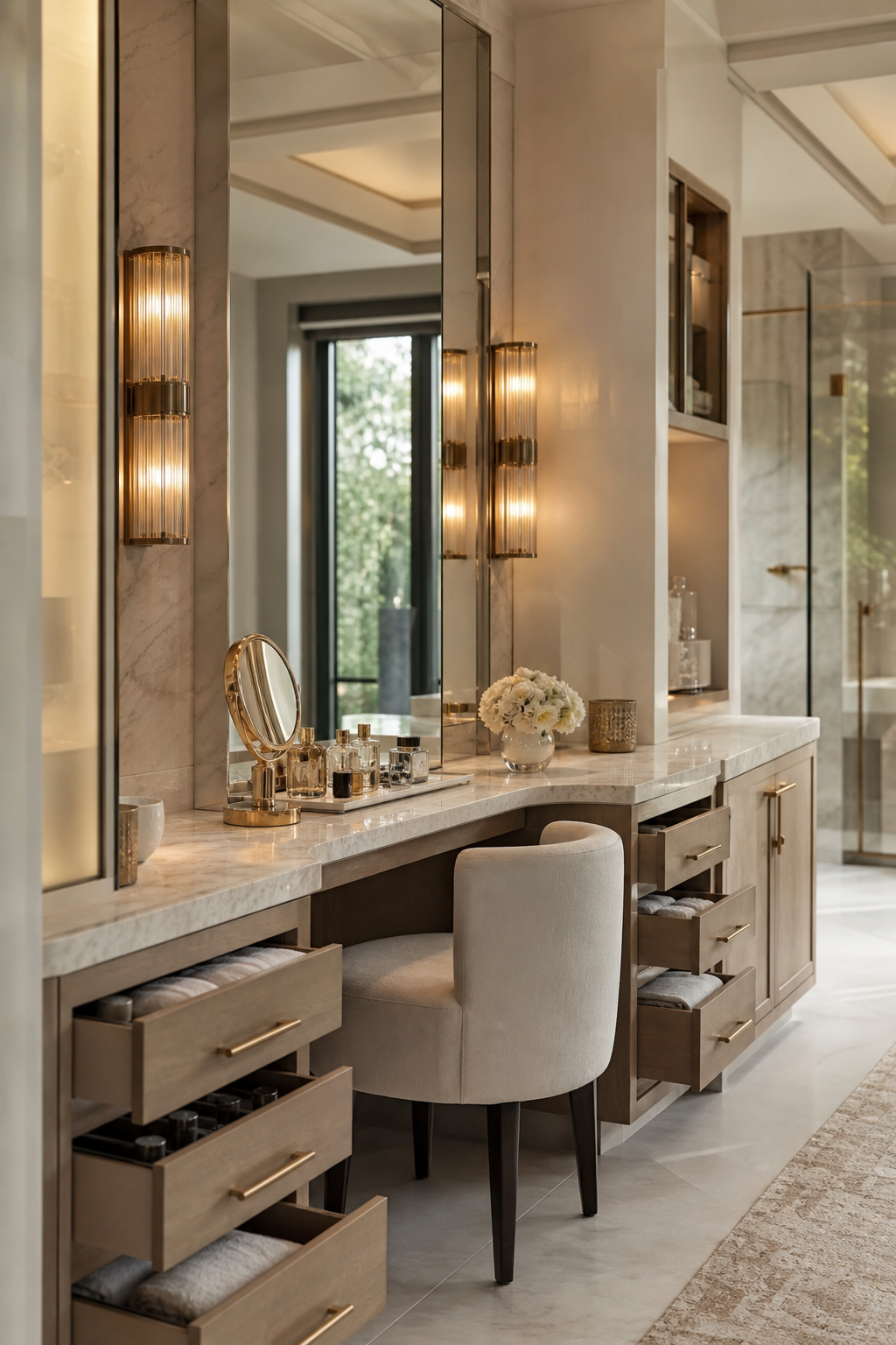 Seated makeup zone in a master bathroom vanity
