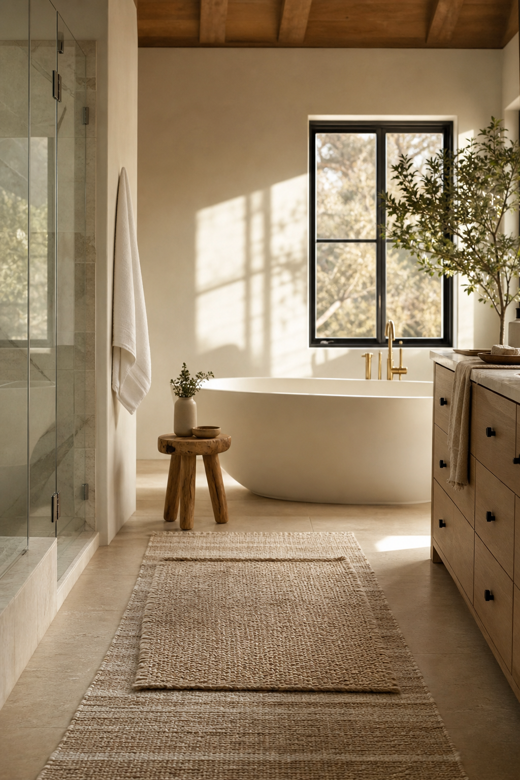 finish with soft layers underfoot in a cozy spa-like bathroom