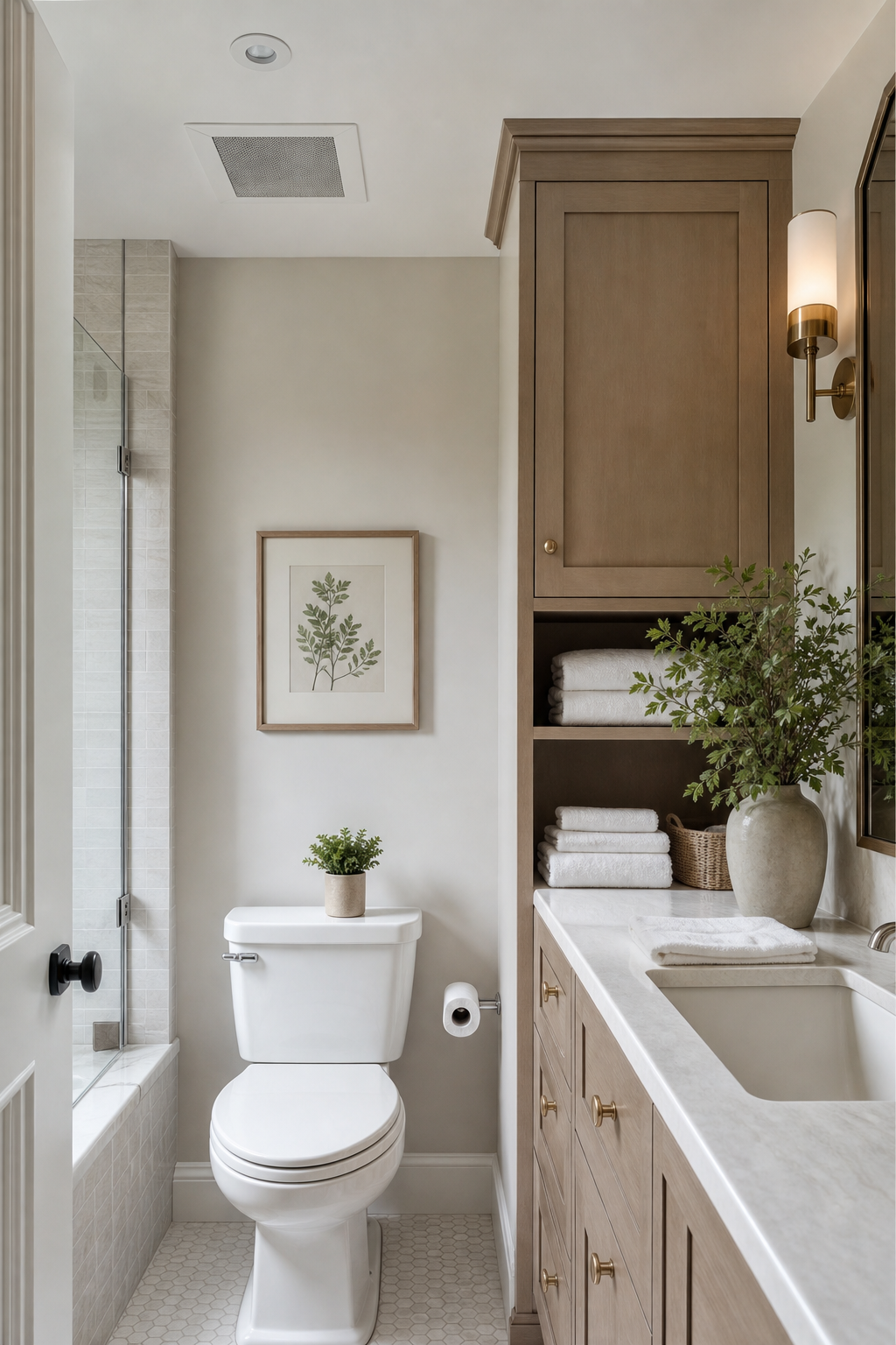 Small bathroom interior idea with finish with better ventilation and hidden storage