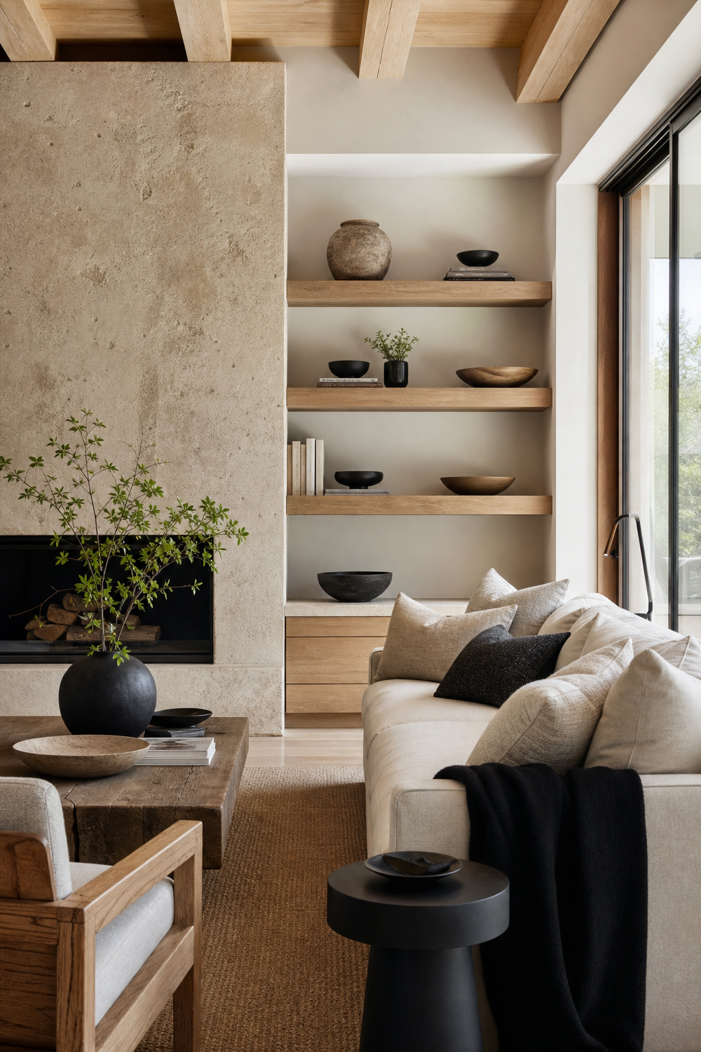 repeat materials across the room in a cozy minimalist living room