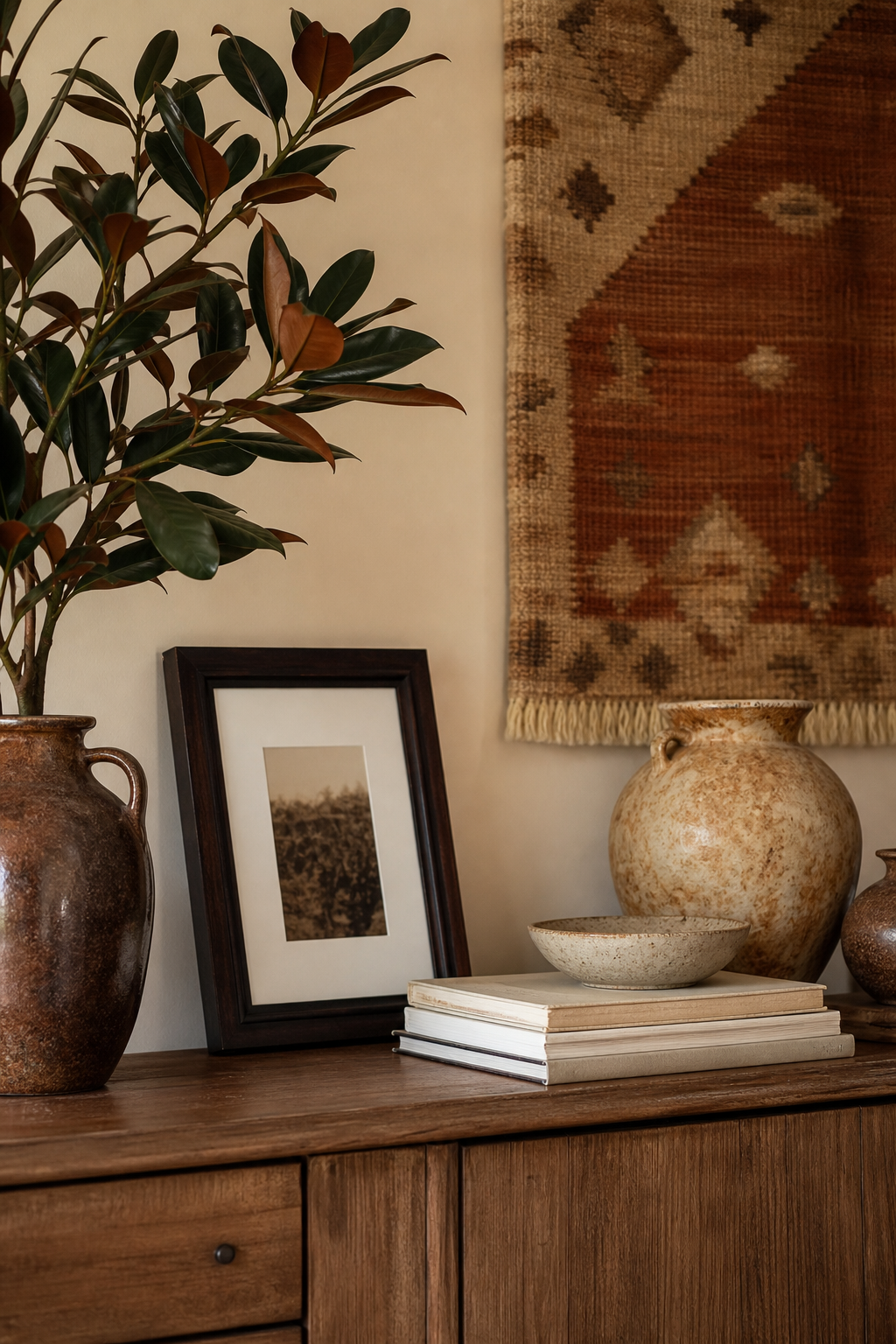 Edited personal decor objects on a warm console