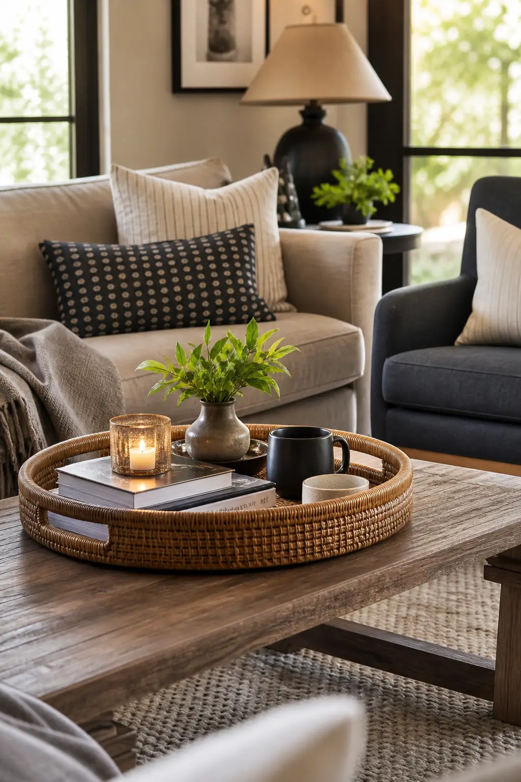 Finish with tray that makes hosting easy in a cozy designer conversation room