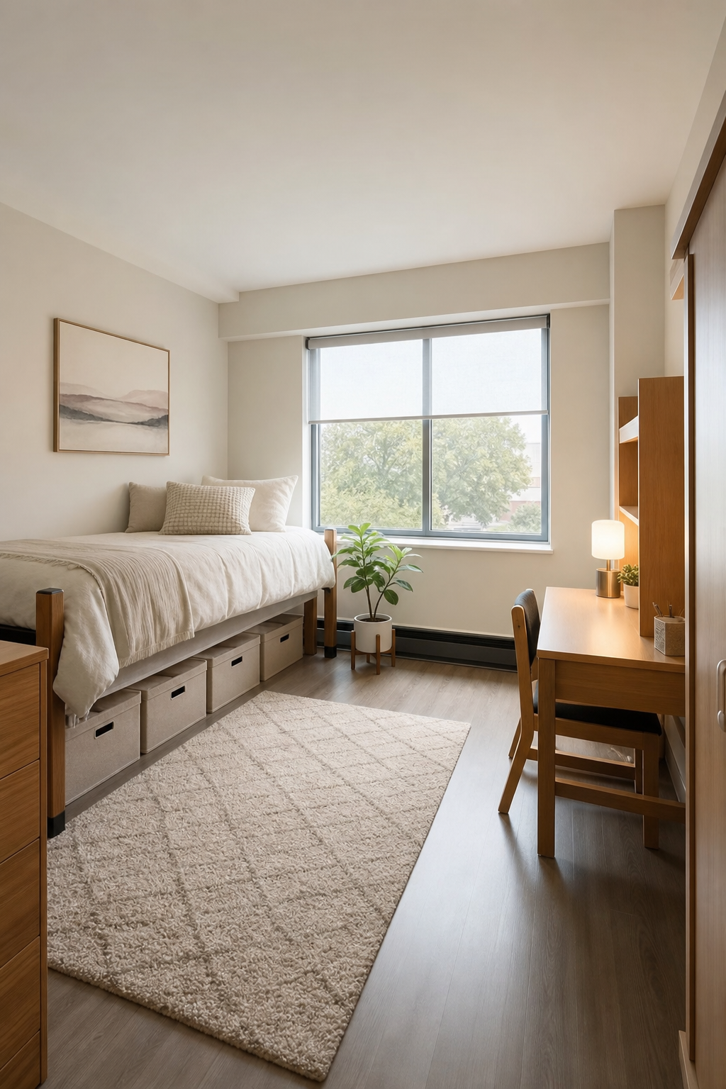 Calm uncluttered dorm room with cream bed, clear desk, open walkway, and warm lamp