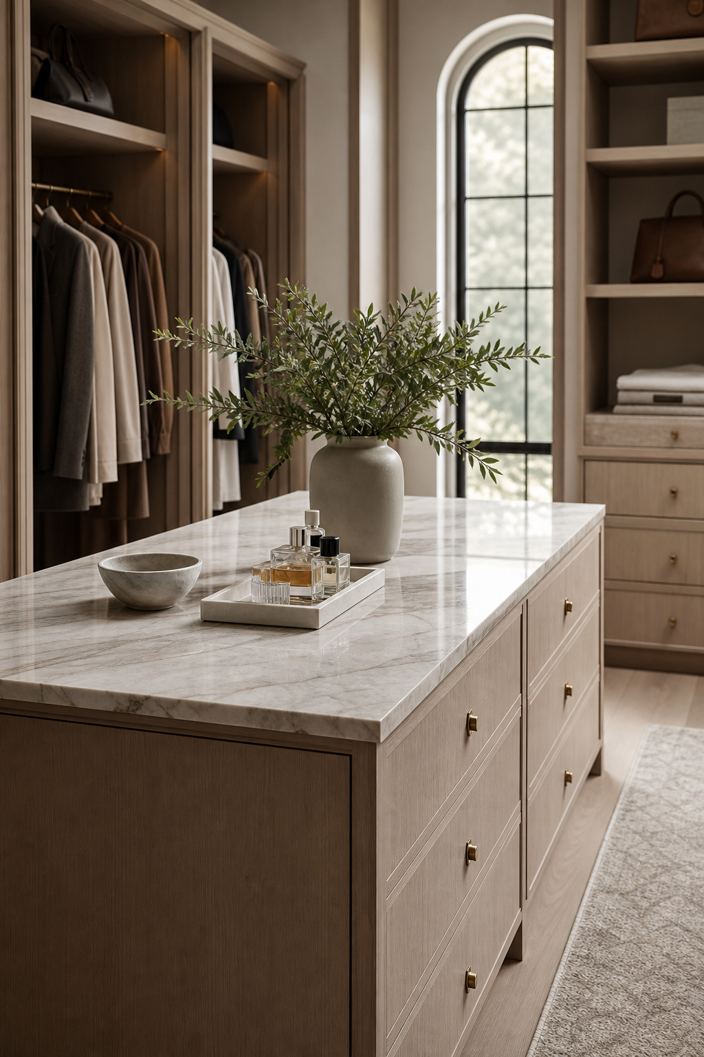 Restrained luxury closet styling with pale oak cabinetry, marble island, tray, ceramic bowl, and greenery