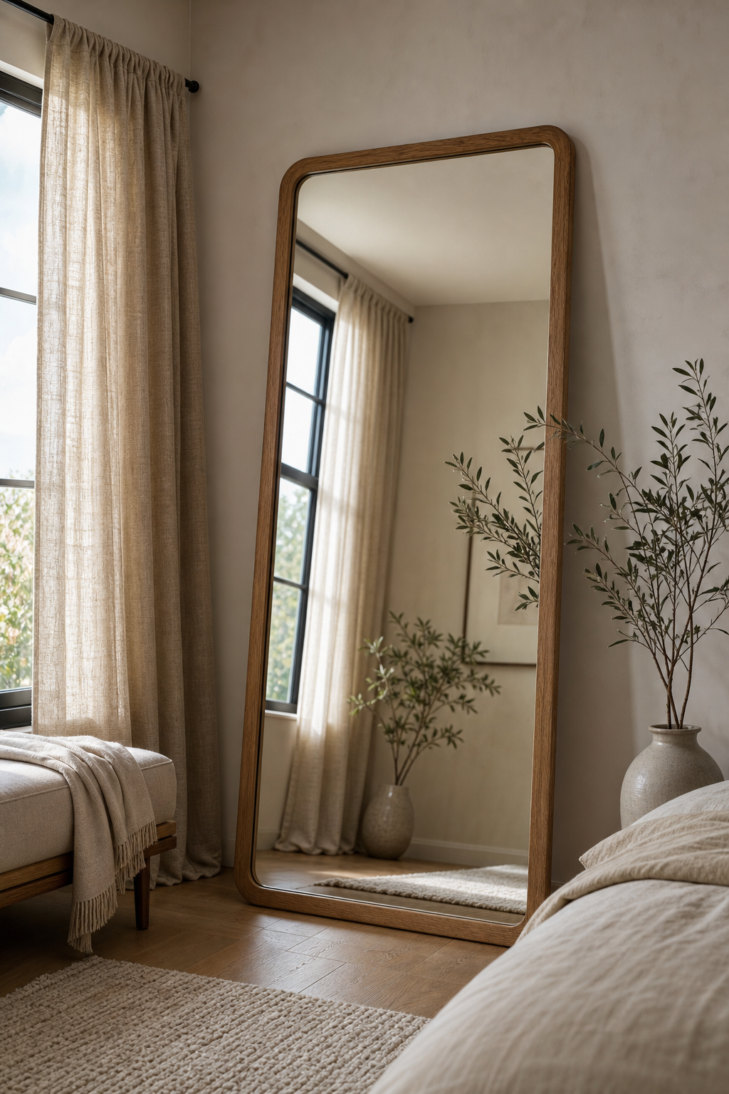 Use Mirror Panels Behind Shelves in a bright elevated room