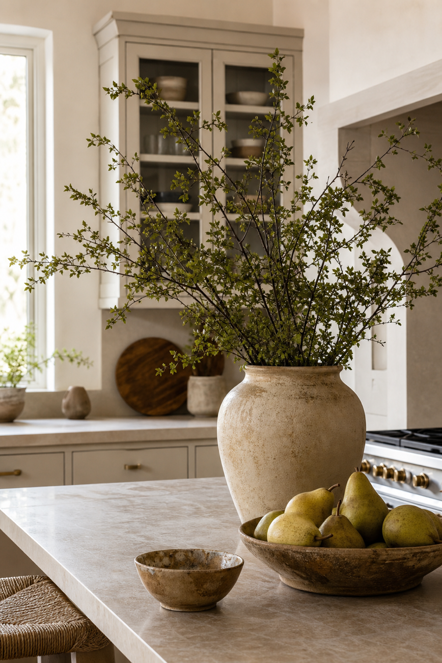 Warm neutral kitchen finished with greenery and handmade ceramics