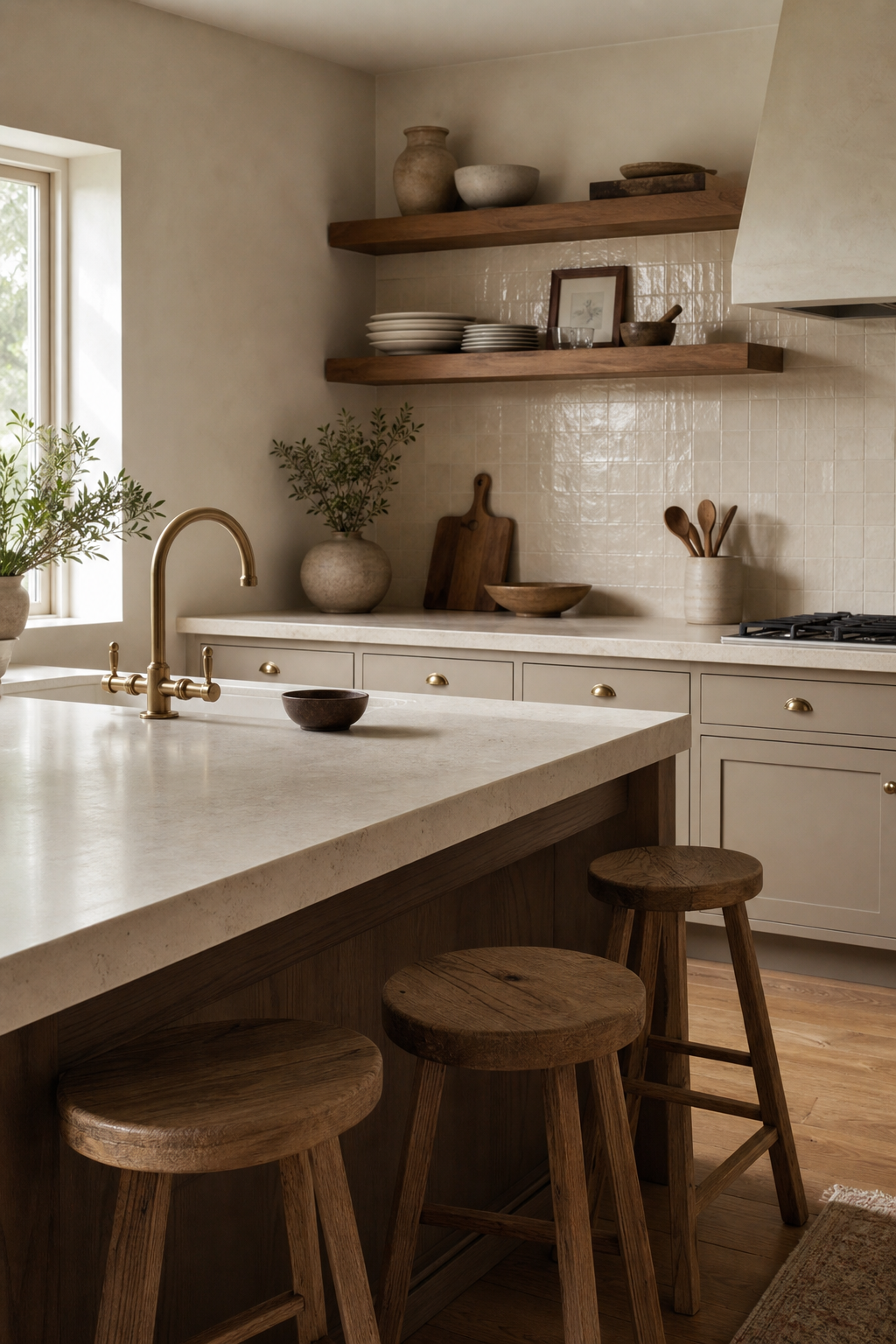 Simple warm kitchen with repeated wood, aged brass, creamy stone, and neutral cabinetry