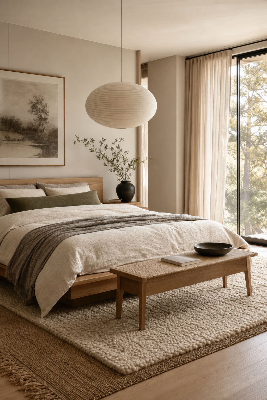 Japandi bedroom with finish With Layered Wool Rugs
