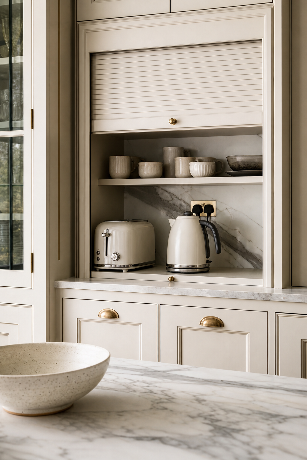 Very small kitchen with cream appliance garage hiding toaster and kettle above a marble counter