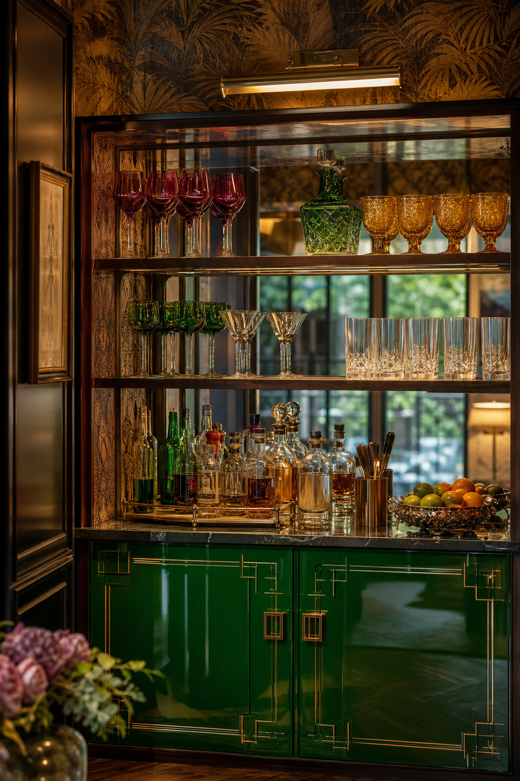 Luxury bar corner with green lacquer cabinet, mirrored backsplash, jewel-toned glassware, and brass lighting