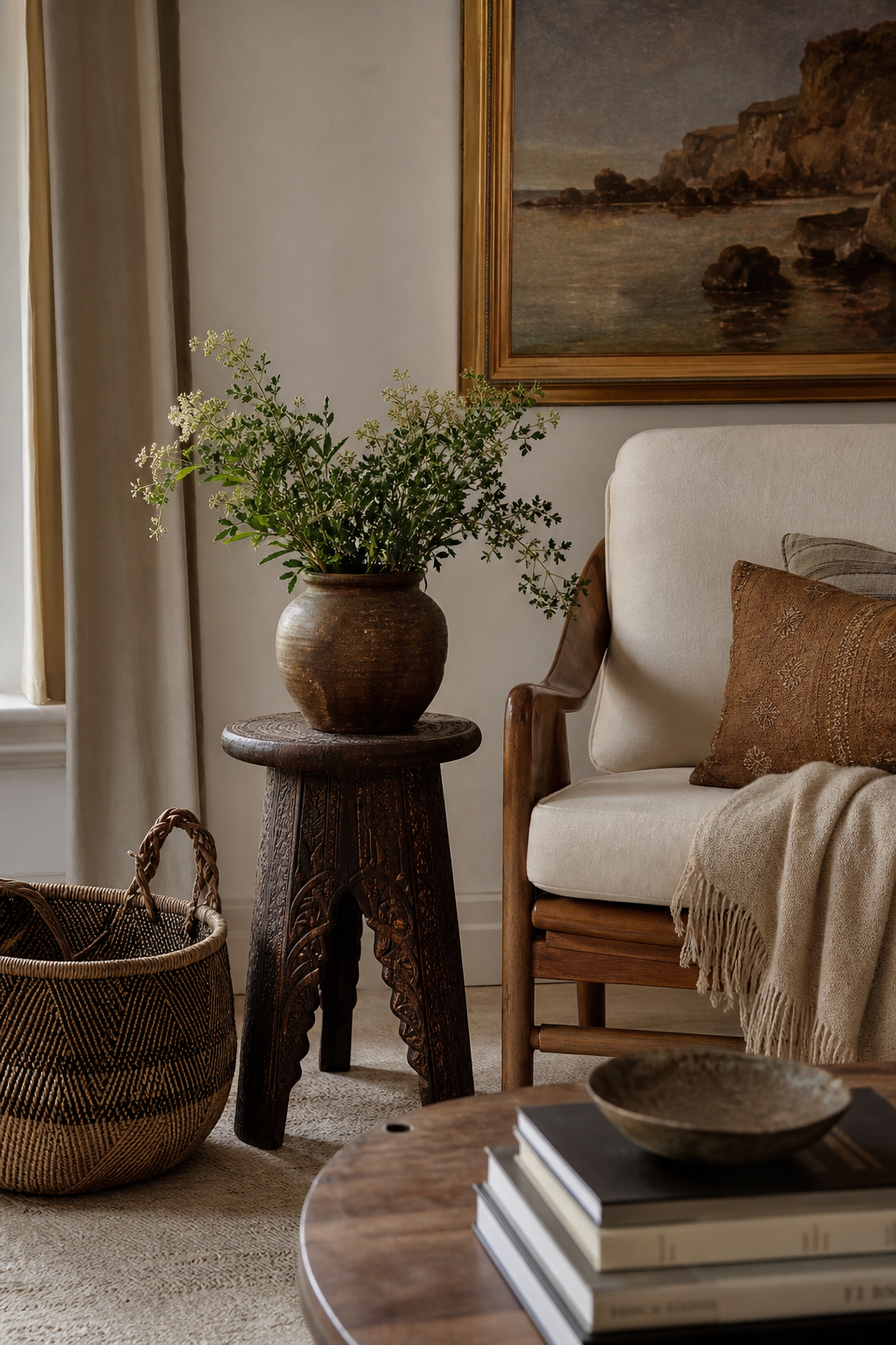Personal collected details adding authenticity to a cozy boho living room