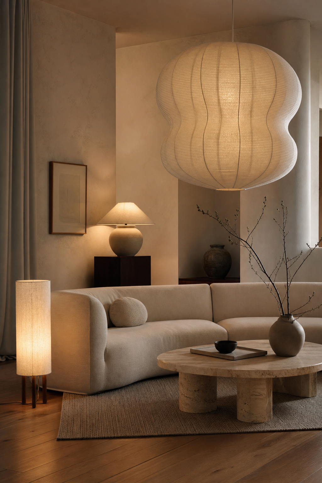 Refined sitting room with oversized sculptural pendant and layered warm lighting